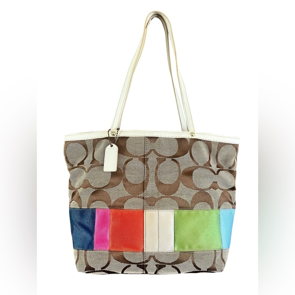 Vintage Coach Brown Signature Canvas Tote with Multicolor Accent Panels